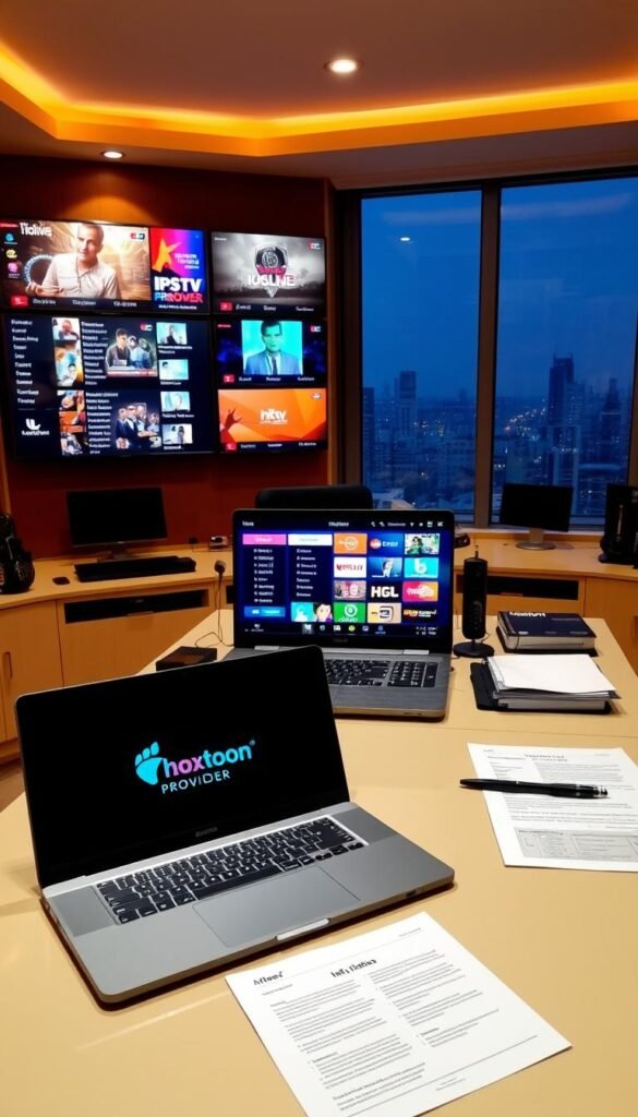An interior scene of a modern home office, with a large desk and multiple digital displays showcasing various IPTV channel listings for India. The desk is illuminated by a warm, indirect lighting setup, creating a cozy and professional atmosphere. In the foreground, a laptop prominently displays the Hoxtoon Provider brand logo, hinting at the use of their IPTV service. The middle ground features neatly organized documents and notes related to IPTV regulations, while the background depicts a city skyline through a large window, suggesting a connection to the broader legal considerations surrounding IPTV in India.