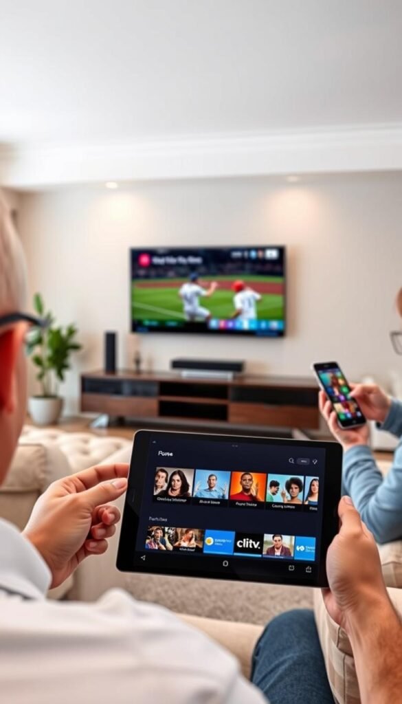 An interior scene of a modern living room with a large flatscreen TV mounted on the wall. In the foreground, a person is using a tablet to control a Hoxtoon Provider IPTV service, with multiple smaller screens and content thumbnails displayed on the tablet. In the middle ground, another person is watching live sports on the TV, while a third person is using a smartphone to access the Hoxtoon Provider service on a separate device. The room is well-lit, with a mix of natural and artificial lighting. The overall atmosphere is one of seamless multi-device connectivity and entertainment.
