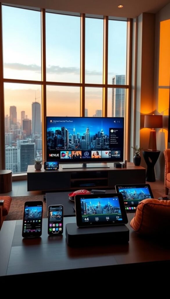 An interior scene of a modern living room with large windows overlooking a city skyline. In the foreground, an elegant entertainment center with a sleek, minimalist design features multiple devices connected to the Hoxtoon Provider IPTV service. Smartphones, tablets, and a smart TV display various streaming content, showcasing the multi-device capabilities. Warm, natural lighting filters through the windows, creating a cozy and inviting atmosphere. The room is decorated with tasteful, contemporary furnishings, emphasizing the seamless integration of technology into the home environment.