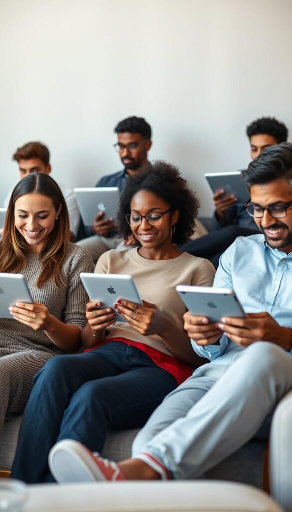 An intimate gathering of diverse individuals, seated comfortably and engrossed in their screens, showcasing the real-world experiences of Hoxtoon Provider users. Soft, natural lighting illuminates their expressions of satisfaction and intrigue, creating a sense of authenticity and connection. The scene is framed by a minimalist backdrop, allowing the focus to remain on the genuine testimonials and reviews being shared. A subtle, elegant color palette evokes a sense of professionalism and trust, reflecting the reliable and high-quality service Hoxtoon Provider is known for. The overall composition conveys a sense of community, where users feel empowered to share their positive experiences with this IPTV provider.