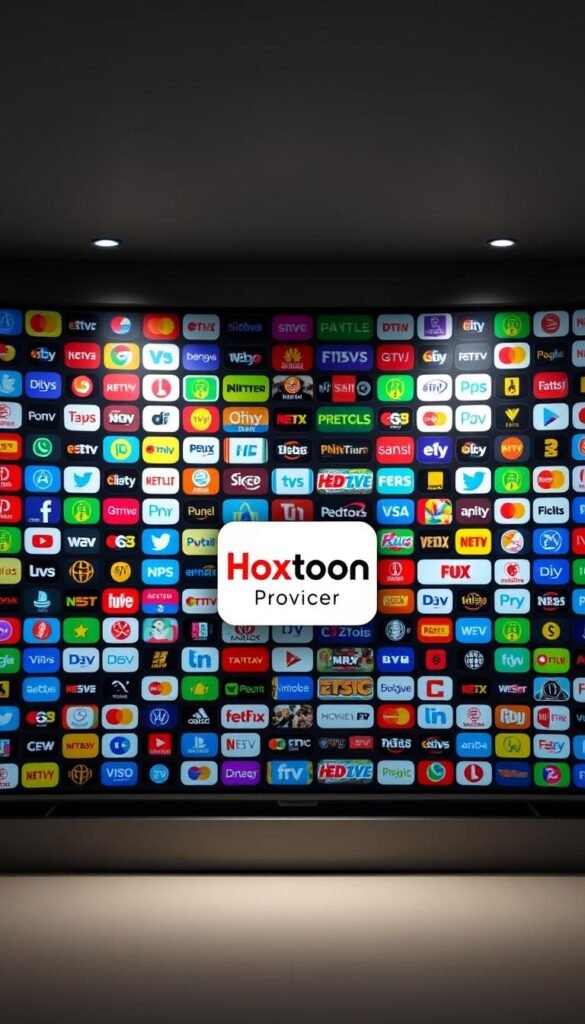 An intricate grid of IPTV channel icons, each vibrant and distinct, fills the frame against a sleek, modern backdrop. The Hoxtoon Provider logo stands prominently in the center, radiating a sense of authority and reliability. Soft, directional lighting casts subtle shadows, creating depth and dimension. The overall composition conveys a comprehensive, high-quality channel selection, ready to deliver endless entertainment possibilities.