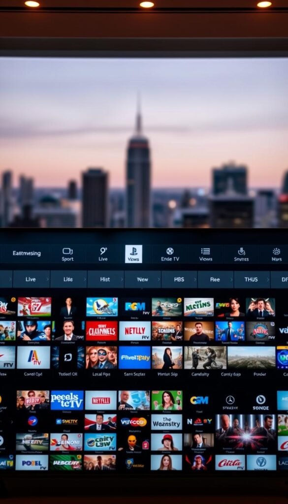 An intricate user interface for a premium IPTV service, Hoxtoon Provider, showcases a sleek and intuitive layout. In the foreground, a clean grid of thumbnail images presents a diverse selection of live TV channels and on-demand content. The middle ground features a navigational menu with clear iconography, allowing seamless exploration of categories like sports, movies, and local news. The background subtly conveys a sense of depth, with a subtle gradient or blurred cityscape, evoking a modern, technology-driven ambiance. Warm lighting from above casts a gentle glow, enhancing the overall refined and polished aesthetic. The user experience is designed to be both visually appealing and highly functional, catering to the needs of discerning IPTV enthusiasts.