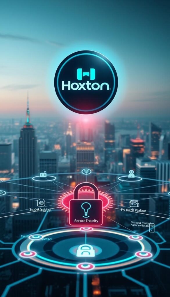 An intricate visualization of IPTV security measures, showcasing a sleek and high-tech interface. In the foreground, a Hoxtoon Provider logo hovers above a secure network diagram, with encrypted data flows and protective firewalls. The middle ground features a series of secure authentication methods, including biometric scans and two-factor verification. In the background, a cityscape of skyscrapers symbolizes the expansive reach and reliability of the Hoxtoon Provider network, all bathed in a cool, futuristic lighting that conveys a sense of technological sophistication and digital safety.