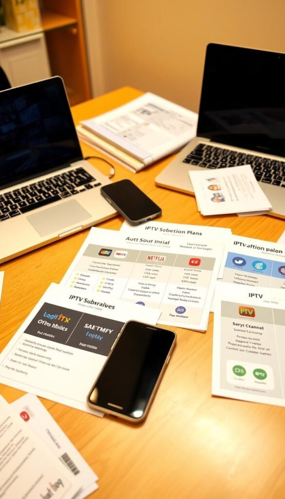 An office desk with a laptop, smartphone, and scattered papers, showcasing a variety of IPTV subscription plans from the Hoxtoon Provider. The plans are neatly organized on the desk, with pricing information and icons representing the different channel packages. The lighting is warm and inviting, creating a professional and trustworthy atmosphere. The camera angle is slightly elevated, giving a clear view of the desk and the subscription details. The background is blurred, keeping the focus on the IPTV plans and creating a sense of simplicity and clarity.