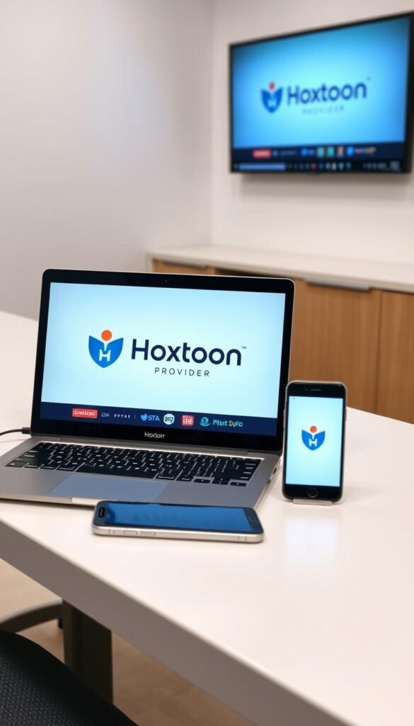 An office desk with a laptop, tablet, and smartphone displaying an IPTV subscription service. The Hoxtoon Provider logo is prominently featured on the screen. The desk is well-lit, with a clean, minimalist aesthetic. The background is slightly blurred, emphasizing the technology on the desk. The overall mood is professional and trustworthy, conveying the legal and secure nature of the IPTV service.