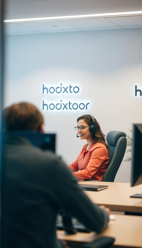An office interior with a customer service agent at a desk, sitting in a comfortable office chair and wearing a headset, intently assisting a customer on a call. The agent's expression is calm and professional, conveying a sense of efficient, helpful service. The desk is equipped with a computer and the walls are adorned with the Hoxtoon Provider logo, subtly displaying the brand. The lighting is soft and warm, creating a welcoming atmosphere. The background features minimalist office decor, maintaining focus on the customer service interaction. The overall scene portrays a positive, reliable customer support experience with the Hoxtoon Provider.
