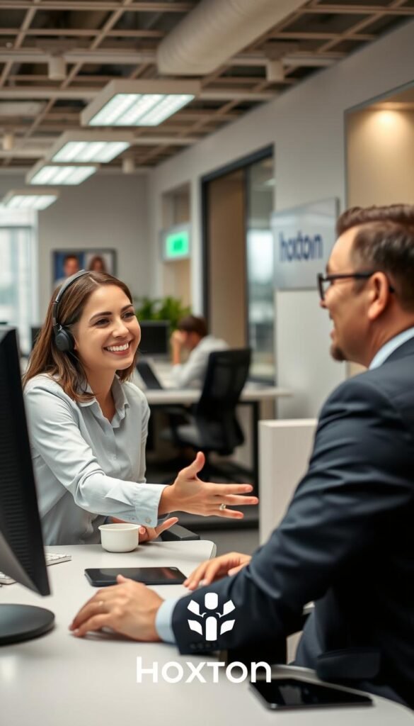 An office interior with a customer service representative assisting a client at a desk. The representative has a warm, friendly expression and is gesturing with their hands as they explain something on a computer screen. The client looks engaged and satisfied. The office has a modern, professional design with tasteful decor, good lighting, and a calm, productive atmosphere. In the background, there are other desks and workstations, suggesting a bustling but organized work environment. The Hoxtoon Provider logo is subtly displayed on a wall or desk.