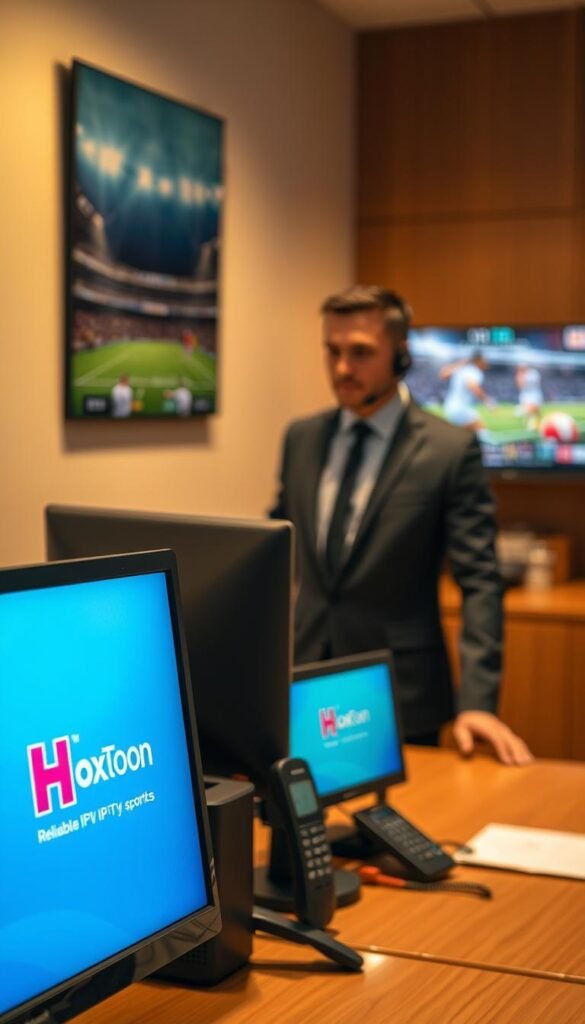 An office setting with a desk, computer, and phone, illuminated by warm, soft lighting. In the foreground, a Hoxtoon Provider logo is prominently displayed on the computer screen, showcasing their reliable IPTV sports service. The middle ground features a professional, well-dressed person answering a call, reflecting the high-quality customer support. The background has subtle sports imagery, such as a TV displaying a live game, hinting at the diverse sports content available through the Hoxtoon IPTV platform.