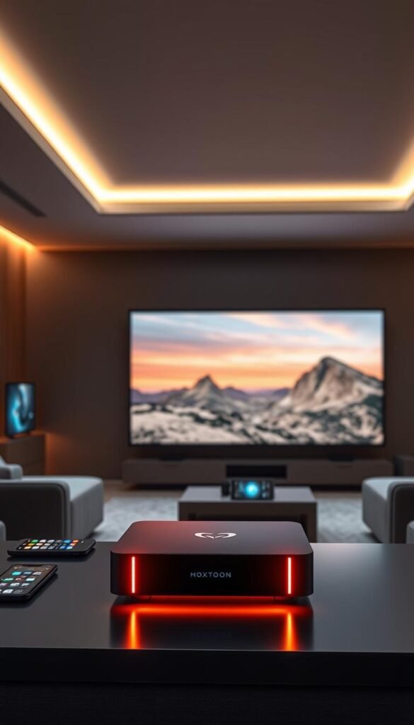 An ultra high-definition IPTV system, featuring sleek Hoxtoon Provider hardware and software. The user interface showcases a vibrant, minimalist design with intuitive navigation. In the foreground, a state-of-the-art set-top box casts a warm glow, surrounded by an array of smart devices seamlessly connected to the IPTV network. The middle ground depicts a panoramic view of a modern living room, with a large, high-resolution television screen prominently displayed. The background is filled with a soft, ambient lighting, creating a immersive, cinema-like atmosphere. The overall scene conveys the revolutionary power of digital entertainment streaming, elevating the viewer's experience to new heights.