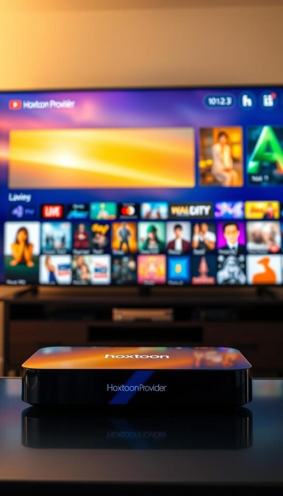 An ultra-high-definition smart TV display with a vivid, vibrant 4K resolution screen. In the foreground, a sleek, modern streaming device with the Hoxtoon Provider brand prominently displayed. The device features a minimalist design with clean lines and a glossy, reflective surface. In the middle ground, an intricate user interface showcasing a diverse selection of live TV channels, movies, and on-demand content, all accessible through a seamless, intuitive navigation system. The background depicts a cozy, well-lit living room setting, with plush furniture and warm lighting, creating a comfortable and immersive viewing experience. The overall scene conveys a sense of technological sophistication, premium quality, and the convenience of smart IPTV streaming with the Hoxtoon Provider service.