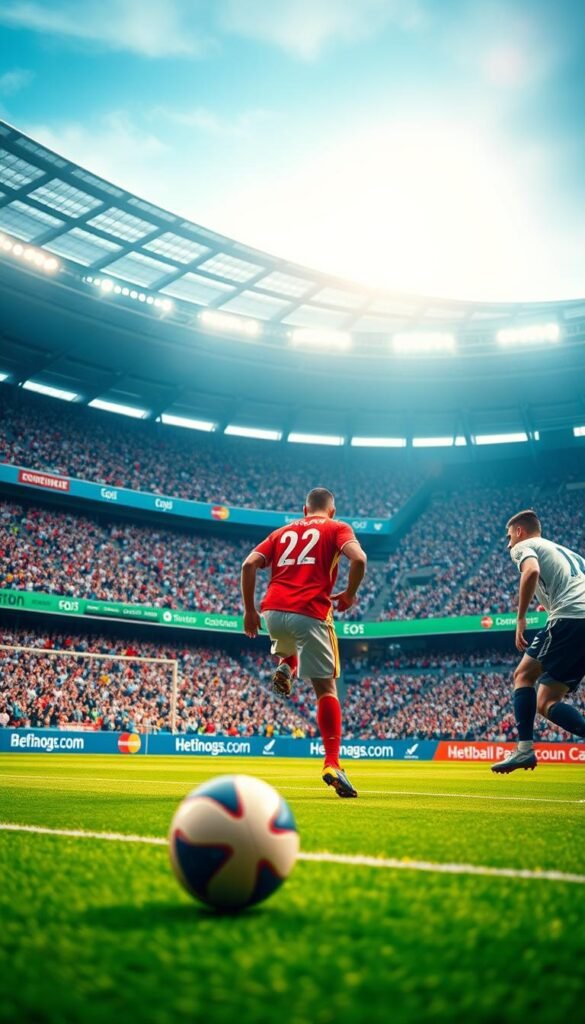 An ultra-high-definition sports broadcast from Hoxtoon Provider, a leading IPTV service. The scene depicts a crisp, vibrant image of a football match, with players in vivid detail and the stadium stands clearly visible in the background. The lighting is natural and evenly distributed, creating a sense of realism. The camera angle is positioned to capture the dynamic action on the field, with a wide lens that showcases the expansive scale of the event. The overall atmosphere conveys the excitement and energy of a live sports broadcast, showcasing the exceptional streaming quality and technical capabilities of the Hoxtoon Provider platform.