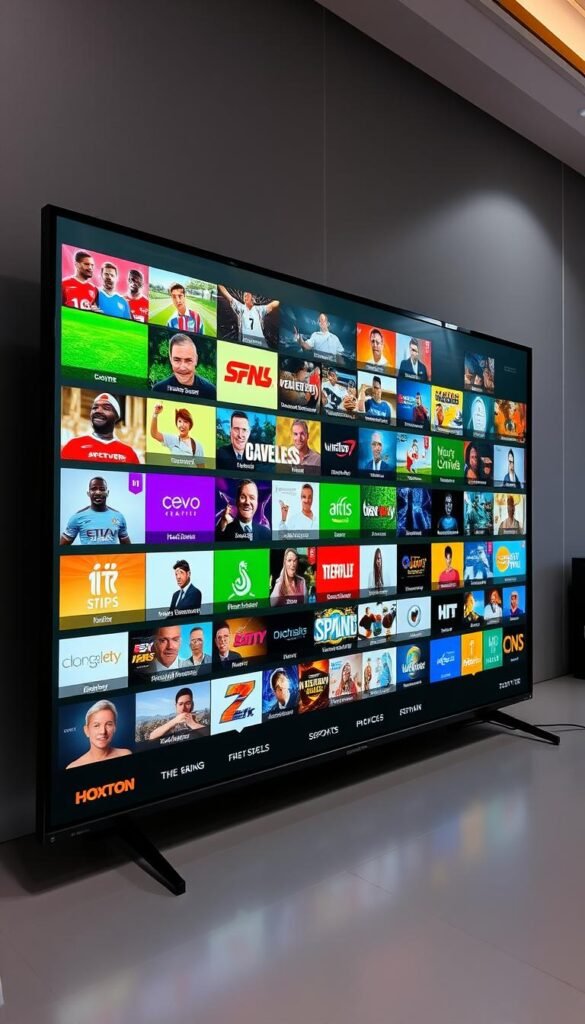 An ultra-high definition television display showcases a vast array of IPTV channels offered by the Hoxtoon Provider. The screen is divided into multiple sections, each highlighting a different category of premium content - sports, movies, news, entertainment, and more. The channels are presented with vivid, color-accurate thumbnails, creating an immersive visual experience. Soft, diffused lighting emanates from the screen, lending a sense of depth and clarity to the image. The overall mood is one of excitement and anticipation, inviting the viewer to explore the vast, diverse range of programming available through the Hoxtoon IPTV service.