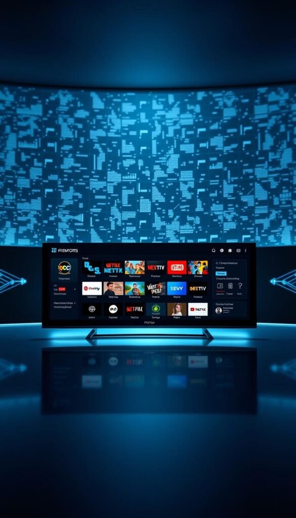 An ultra-modern and sleek digital interface showcasing the premium features of the Hoxtoon IPTV provider. In the foreground, a minimalist dashboard displays a grid of high-definition channel icons, reflecting the breadth of live TV and on-demand content. The middle ground highlights intuitive navigation controls, seamless device integration, and personalized recommendations. In the background, a subtle grid of data visualizations conveys the robust infrastructure and advanced technology powering the Hoxtoon platform. Backlighting creates a sense of depth and sophistication, while a cool color palette evokes a premium, cutting-edge aesthetic. The overall composition emphasizes the Hoxtoon provider's commitment to delivering a seamless, feature-rich IPTV experience.