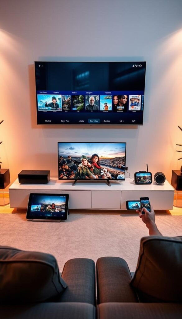 An ultramodern 4K IPTV entertainment hub, showcasing the latest Hoxtoon Provider technology. In a sleek, minimalist setup, multiple devices - smart TVs, tablets, and smartphones - are seamlessly connected, streaming high-quality 4K video effortlessly. The room is bathed in warm, focused lighting, highlighting the clean lines and premium materials of the devices. The overall atmosphere exudes a sense of advanced, user-friendly home entertainment, ready to deliver an immersive, multi-screen viewing experience.