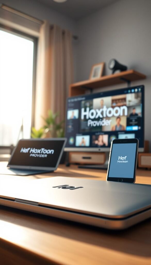 Cinematic wide-angle shot of a modern home office setup, showcasing multiple devices seamlessly connected and displaying the "Hoxtoon Provider" brand logo. Bright, natural lighting illuminates the scene, creating a warm and productive atmosphere. In the foreground, a sleek laptop, tablet, and smartphone are arranged neatly, representing the versatility of the Hoxtoon multi-device support. The middle ground features a large, high-resolution monitor displaying content, while the background subtly blurs to emphasize the technological focus. Overall, the image conveys the effortless integration and flexibility of the Hoxtoon service across various devices.