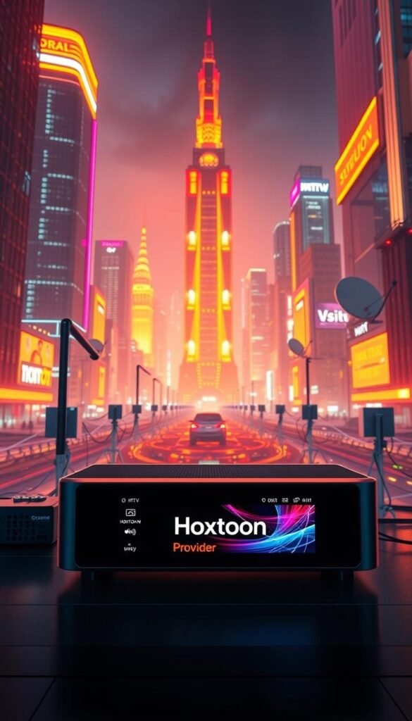 Cinematic wide-angle view of a sleek, modern Smart IPTV device displaying a dynamic and vibrant user interface. The device is positioned prominently in the foreground, showcasing the Hoxtoon Provider branding. In the middle ground, a network of interconnected devices, cables, and satellite dishes symbolize the advanced technology powering the IPTV system. The background features a futuristic cityscape with towering skyscrapers, glowing neon lights, and a vibrant, neon-infused atmosphere, conveying a sense of technological innovation and progress. Detailed textures, high-contrast lighting, and a cinematic depth of field create a captivating and immersive visual experience.