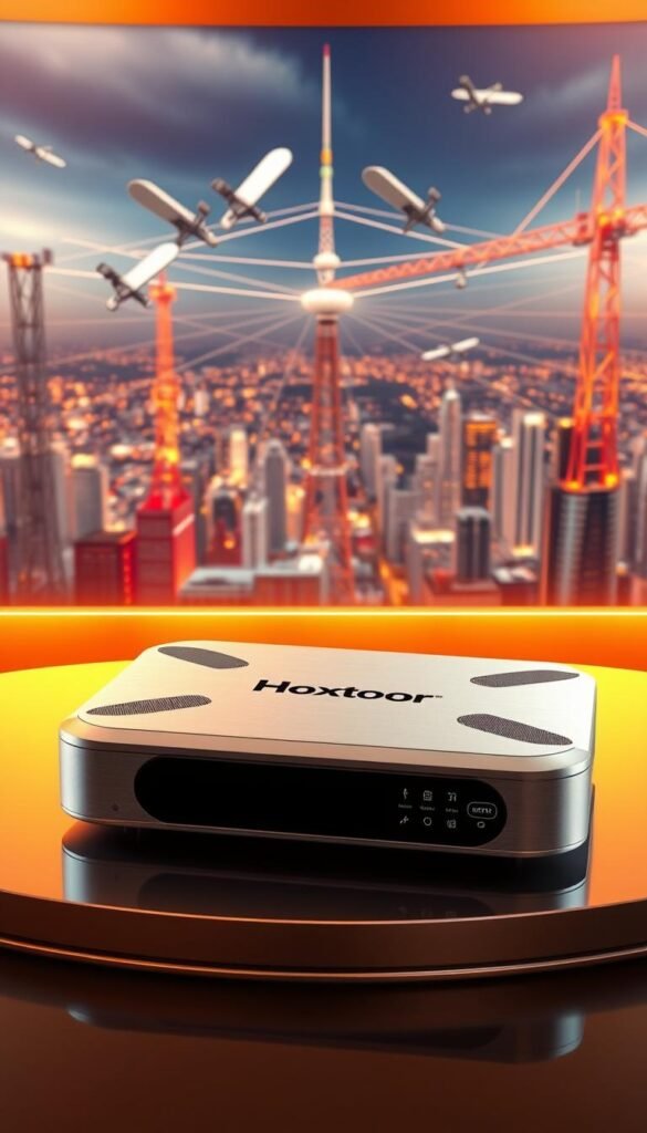 Detailed 3D rendering of IPTV technology, depicting a modern digital television broadcasting system. In the foreground, a sleek, silver IPTV set-top box with intuitive user interface and connectivity options. In the middle ground, a network of satellites, towers, and cables, representing the infrastructure that powers IPTV delivery. In the background, a cityscape with skyscrapers and urban landscape, symbolizing the widespread adoption of IPTV technology. Warm, futuristic lighting illuminates the scene, creating a sense of advanced, cutting-edge technology. The Hoxtoon Provider brand name is prominently displayed on the set-top box, highlighting its role as a leading IPTV service.