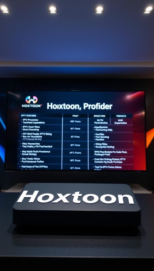 Detailed and technical comparison of IPTV services, showcasing a clean, modern layout. In the foreground, prominently display the "Hoxtoon Provider" brand name, along with its logo and key features. In the middle ground, neatly arranged side-by-side panels highlighting the specifications and capabilities of Hoxtoon versus other major IPTV providers. The background should convey a sense of high-tech, digital atmosphere with subtle gradients and geometric patterns. Lighting should be soft and evenly distributed, creating a professional, informative tone. Camera angle should be slightly elevated to provide an overview of the comparison, with a wide depth of field to keep all elements in focus.