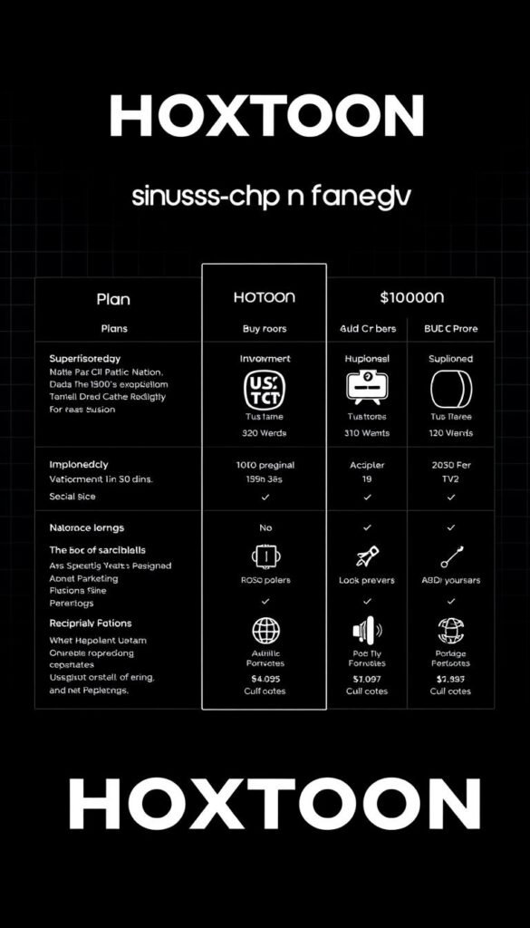 Detailed and visually striking IPTV subscription plans for the Hoxtoon Provider. A sleek and modern layout showcases the various plans, their features, and pricing. The foreground displays the Hoxtoon logo prominently, with clean typography highlighting the plan details. The middle ground features informative icons and data visualizations, presenting the plan information in an easy-to-understand manner. The background has a subtle grid pattern, providing a professional and structured composition. The overall tone is one of sophistication and clarity, perfectly suited to illustrate the article's section on HOXTOON subscription plans and pricing.