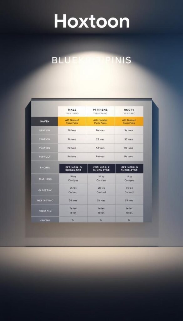 Detailed blueprint of affordable IPTV subscription plans from Hoxtoon Provider. Showcase a clean, modern layout with distinct plan tiers and pricing options. Display the plans against a minimalist background with soft lighting and a subtle gradient. Emphasize the value and flexibility of the Hoxtoon IPTV service through elegant, well-organized plan details. Convey a sense of premium quality and reliable entertainment experiences. Avoid cluttered visuals or distracting elements to keep the focus on the subscription plans.