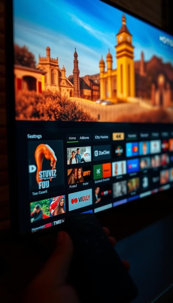 Detailed close-up of the Hoxtoon Provider IPTV service interface on a Firestick, showcasing its advanced features. Sleek and modern UI design with intuitive navigation, numerous live TV channels, on-demand content, and premium add-ons highlighted. Soft ambient lighting accentuates the display, creating a cozy and immersive viewing experience. High-quality 4K resolution and sharp focus draw attention to the service's visual quality and reliability. Subtle shadows and depth of field give a sense of depth and dimensionality to the scene.