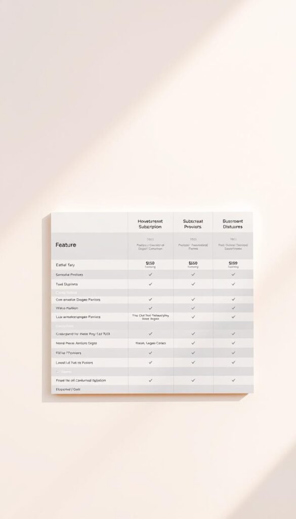 Detailed comparison of Hoxtoon Provider subscription plans laid out in a sleek, modern table format. The table occupies the central focus, surrounded by a bright, airy background with subtle gradients. The plan details are presented in a clean, easily readable layout with distinct columns highlighting the key features and pricing. The overall aesthetic evokes a sense of professionalism and clarity, guiding the viewer through the Hoxtoon Provider service offerings. Soft lighting casts a warm glow, creating a welcoming and informative atmosphere.