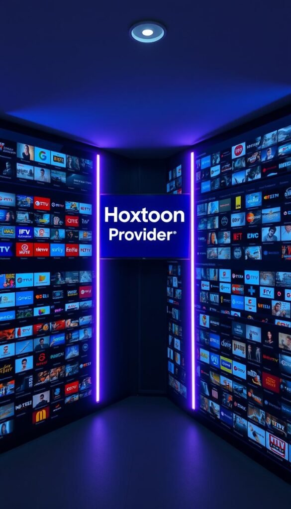 Detailed comparison of IPTV content libraries, showcasing a three-panel layout. In the center, the "Hoxtoon Provider" brand prominently displayed, surrounded by a sleek, high-tech interface. To the left, a meticulously organized library of 21,000+ live TV channels, movies, and on-demand content. To the right, a contrasting library of a lesser-known IPTV service, appearing cluttered and overwhelming. The lighting is soft and evenly distributed, creating a professional, informative atmosphere. The camera angle is slightly elevated, providing a comprehensive overview of the comparison. The color palette is dominated by cool tones, with pops of vibrant highlights to draw the viewer's attention.