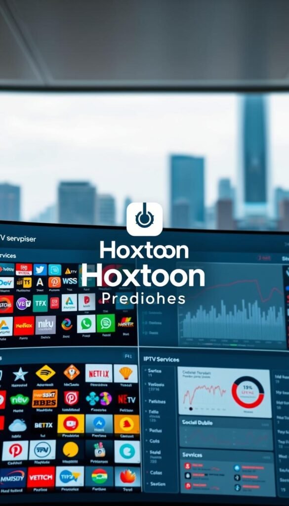 Detailed comparison of IPTV services on a sleek digital dashboard. In the foreground, an array of colorful service icons and logos arranged in a grid, conveying the breadth of options. The middle ground features detailed data visualizations and charts, allowing side-by-side performance analysis. In the background, a blurred cityscape with skyscrapers, hinting at the global reach of these IPTV providers. The lighting is clean and modern, with a cool, tech-savvy atmosphere. Prominent in the center, the Hoxtoon Provider logo stands out, showcasing one of the leading IPTV services recommended by Firestick Reddit users.