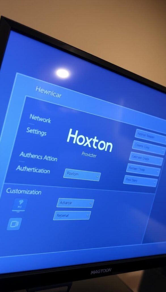 Detailed configuration screen for a Mag Box IPTV device, showcasing the setup for the Hoxtoon Provider service. Sleek, high-tech user interface with a modern, minimalistic design. Prominent Hoxtoon Provider branding in the center. Clearly labeled sections for network settings, service authentication, and advanced customization options. Soft blue and grey tones create a professional, enterprise-grade atmosphere. Bright, evenly distributed lighting illuminates the screen, captured at a slightly angled, three-quarter view to provide depth and perspective. The overall impression is of a powerful, fully-featured IPTV configuration tailored for the Hoxtoon service.