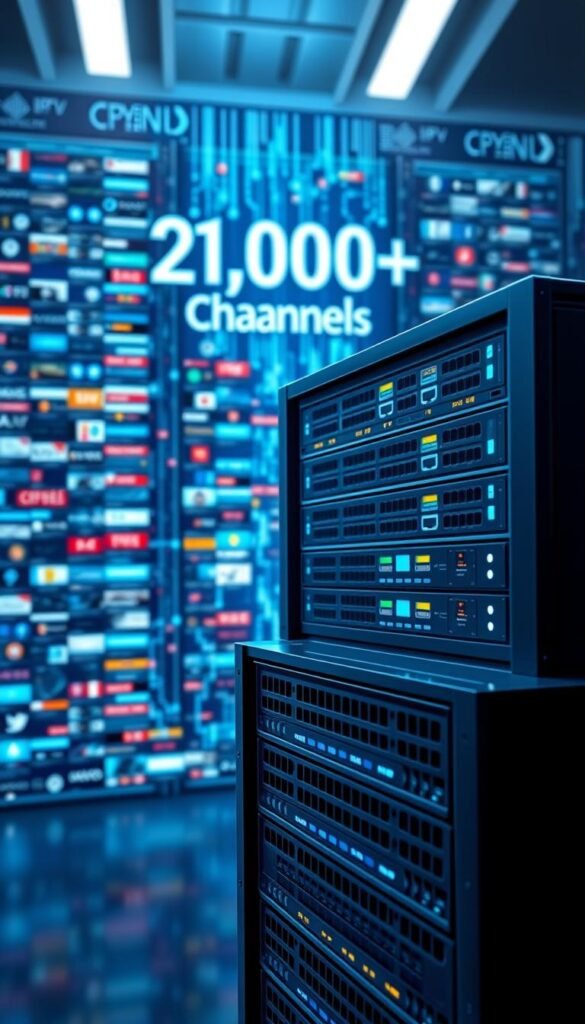 Detailed digital illustration of Hoxtoon Provider's premium IPTV server featuring a vast content library. A sleek, high-tech server rack with multiple network ports and cooling fans in the foreground, surrounded by a matrix of glowing digital interfaces in the middle ground. In the background, a dynamic visualization of the 21,000+ channels available, represented by a pulsating data stream. Crisp, futuristic lighting casts a cool, technical ambiance. Precise, photorealistic rendering with a focus on intricate details and advanced technology.