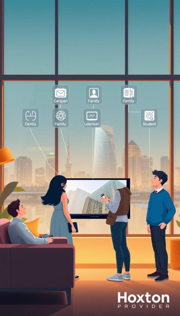 Detailed digital illustration of IPTV service for different user types, featuring a family, a professional, and a student. Set in a modern, minimalist interior with a large window overlooking a city skyline. Warm, natural lighting from the window. Floating IPTV interface elements with icons representing customizable features for each user. Hoxtoon Provider branding subtly displayed in the background.