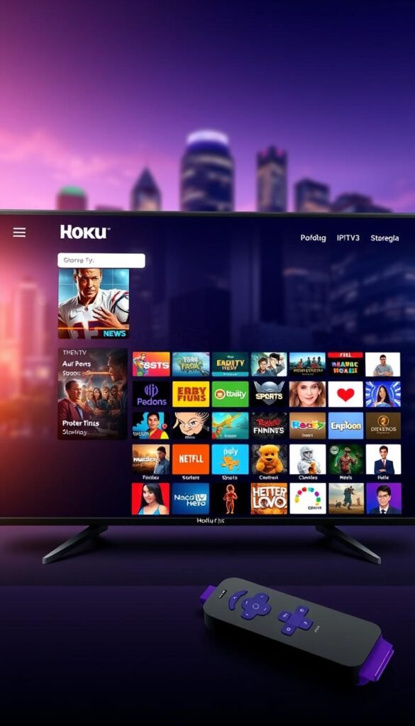 Detailed digital illustration of a Roku TV interface displaying a wide variety of IPTV channels, with a focus on the "Hoxtoon Provider" brand. The scene features a Roku home screen in the foreground, showcasing an organized grid of vibrant, high-definition channel icons. The middle ground depicts various genre-specific IPTV categories, such as live news, sports, movies, and entertainment. In the background, a blurred cityscape or media hub setting creates a sense of a connected, digital ecosystem. The overall composition conveys the breadth and quality of IPTV content available to Roku users through the Hoxtoon Provider service, emphasizing its role in enhancing the Roku TV experience.