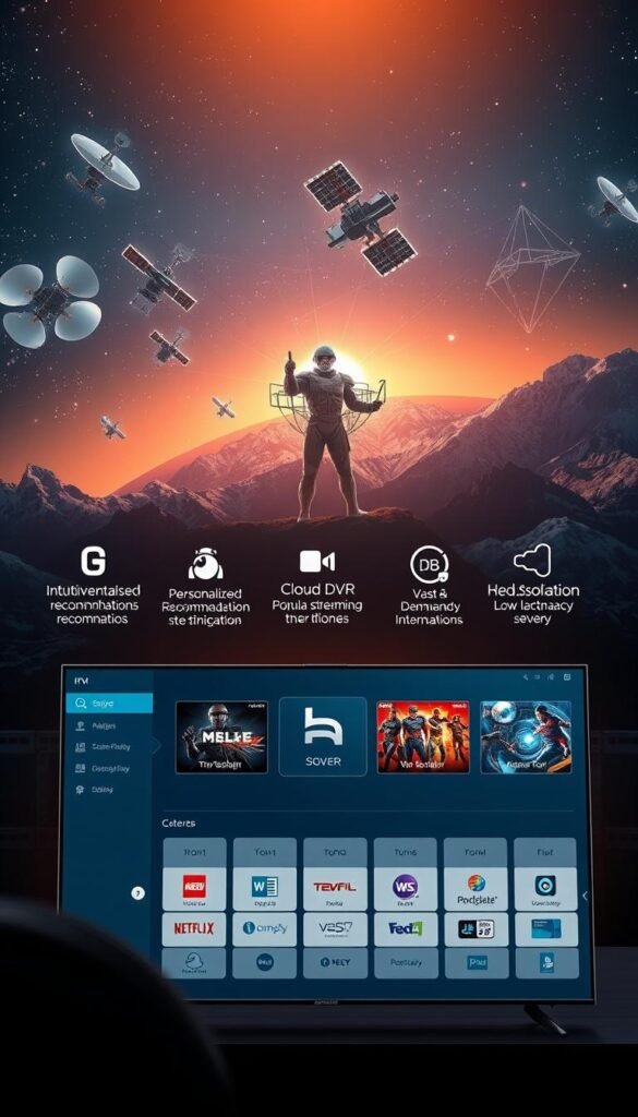 Detailed digital illustration of advanced features offered by the Hoxtoon Provider OTT IPTV service. In the foreground, a sleek and modern user interface showcases intuitive navigation, personalized recommendations, and seamless integration with popular streaming platforms. The middle ground depicts 4K HDR video playback, cloud DVR capabilities, and a vast on-demand library. In the background, a network of satellites and servers symbolizes the robust infrastructure powering the Hoxtoon Provider's reliable and low-latency live TV streaming. The composition is lit by a warm, cinematic glow, creating a premium and sophisticated visual atmosphere.