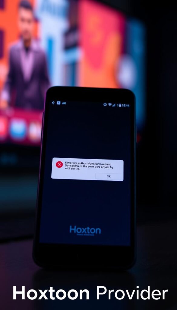 Detailed digital illustration of an IPTV Smarters authorization error on a modern smartphone display. Crisp image with vibrant colors and clean lines. Dominant focus on the error message against a slightly blurred background, conveying a sense of technical issue. Dim lighting, cool tones, and minimalist UI design elements suggest a sleek, professional setting. Prominent "Hoxtoon Provider" branding in the bottom corner to establish the context. Detailed digital illustration of an IPTV Smarters authorization error on a modern smartphone display. Crisp image with vibrant colors and clean lines. Dominant focus on the error message against a slightly blurred background, conveying a sense of technical issue. Dim lighting, cool tones, and minimalist UI design elements suggest a sleek, professional setting. Prominent "Hoxtoon Provider" branding in the bottom corner to establish the context.