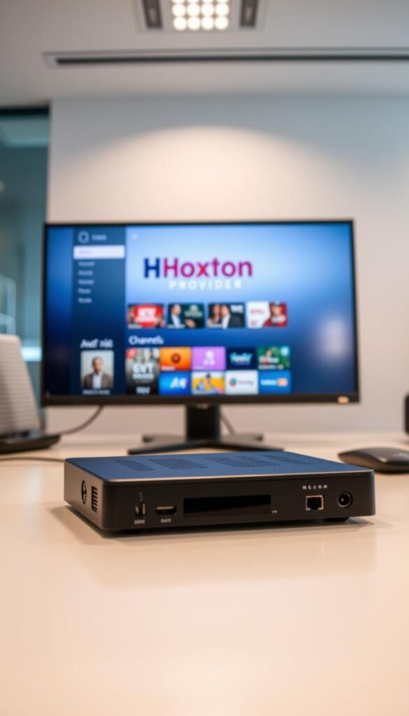 Detailed high-resolution image of a Mag Box media player device on a desk, with the Hoxtoon Provider interface prominently displayed on the screen. The Mag Box is situated in the foreground, showcasing its sleek black exterior and various ports and connectors. In the middle ground, the screen displays the Hoxtoon Provider logo and a selection of channel options, highlighting the breadth of content available. The background depicts a well-lit, modern office setting with a subtle gradient effect to draw focus to the central device. The lighting is soft and diffused, creating a clean, professional atmosphere. The camera angle is slightly elevated, providing a clear view of the Mag Box and its user interface.