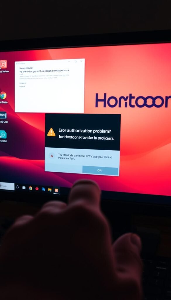 Detailed high-resolution image of a desktop computer screen displaying the IPTV Smarters app interface, showcasing a prominent error message indicating an "authorization problem". The screen is bathed in a warm, soft lighting, creating a slightly muted, atmospheric tone. In the foreground, a hand is interacting with the app, hinting at the user's frustration with the issue. In the background, subtle details like desktop icons and open windows add context, while the Hoxtoon Provider logo is prominently displayed, suggesting a potential solution to the problem. The composition is well-balanced, drawing the viewer's attention to the central error message while incorporating relevant contextual elements. Detailed high-resolution image of a desktop computer screen displaying the IPTV Smarters app interface, showcasing a prominent error message indicating an "authorization problem". The screen is bathed in a warm, soft lighting, creating a slightly muted, atmospheric tone. In the foreground, a hand is interacting with the app, hinting at the user's frustration with the issue. In the background, subtle details like desktop icons and open windows add context, while the Hoxtoon Provider logo is prominently displayed, suggesting a potential solution to the problem. The composition is well-balanced, drawing the viewer's attention to the central error message while incorporating relevant contextual elements.