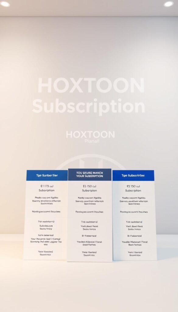 Detailed, high-resolution image of the "HOXTOON Subscription Plans" in a clean, modern layout. Prominently display the Hoxtoon Provider brand name. In the foreground, showcase the different subscription tiers with their respective features and pricing, using a clear table-like structure. The middle ground should feature relevant icons and graphics to complement the subscription details. The background should have a subtle, soft gradient or texture to provide depth and balance. Lighting should be soft and evenly distributed, with a slight warm tone to create a premium, professional feel. Camera angle should be slightly elevated to give an authoritative, informative perspective.