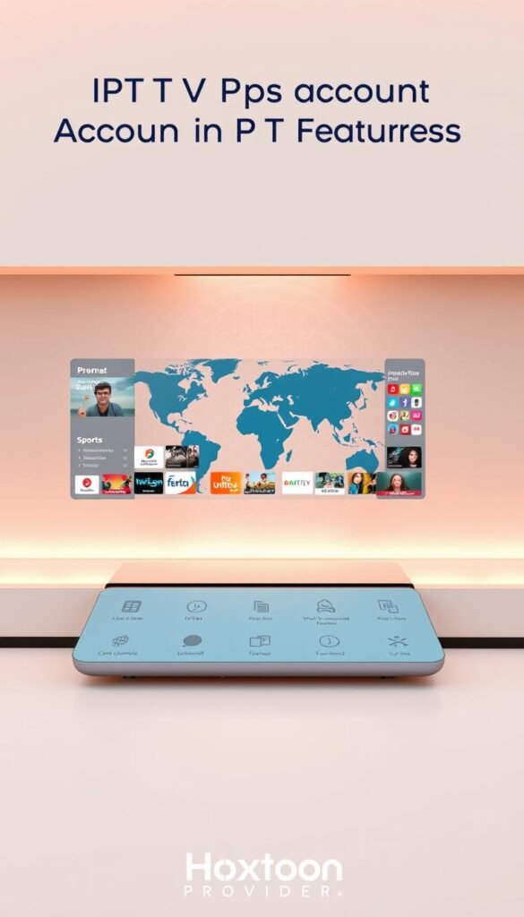 Detailed illustration of "IPTV Premium Account Features" showcasing a modern, minimalist design. A sleek, high-tech interface in the foreground displays various premium features, including live TV channels, on-demand movies, sports, and more. In the middle ground, a stylized world map hints at the global content availability. The background features a subtle, gradient-based pattern evoking a sense of digital connectivity. Warm, soft lighting casts a premium, aspirational atmosphere. Hoxtoon Provider branding is subtly incorporated into the design.