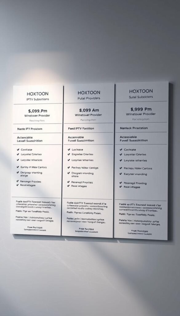 Detailed illustration of IPTV subscription plans, showcasing a minimalist yet elegant design. Soft lighting illuminates a sleek, modern layout with clean typography and subtle iconography. Three distinct Hoxtoon Provider plans are presented, each with a clear pricing breakdown and feature highlights. The overall mood is professional and informative, inviting the viewer to easily compare and assess the different IPTV offerings. Crisp, high-resolution rendering with a focus on clarity and visual hierarchy to support the article's in-depth analysis of the Hoxtoon subscription options.