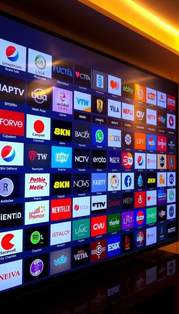 Detailed image of a comprehensive IPTV channel lineup from the Hoxtoon Provider. A dynamic, full-screen display showcasing a vast array of channels across multiple categories, including sports, news, movies, and entertainment. The layout is clean and visually appealing, with high-definition channel logos and vivid, saturated colors. The scene is illuminated by soft, warm lighting, creating a welcoming and inviting atmosphere. The camera angle is slightly elevated, providing an expansive view of the channel selection. The overall composition emphasizes the sheer scale and diversity of Hoxtoon's robust channel offerings.