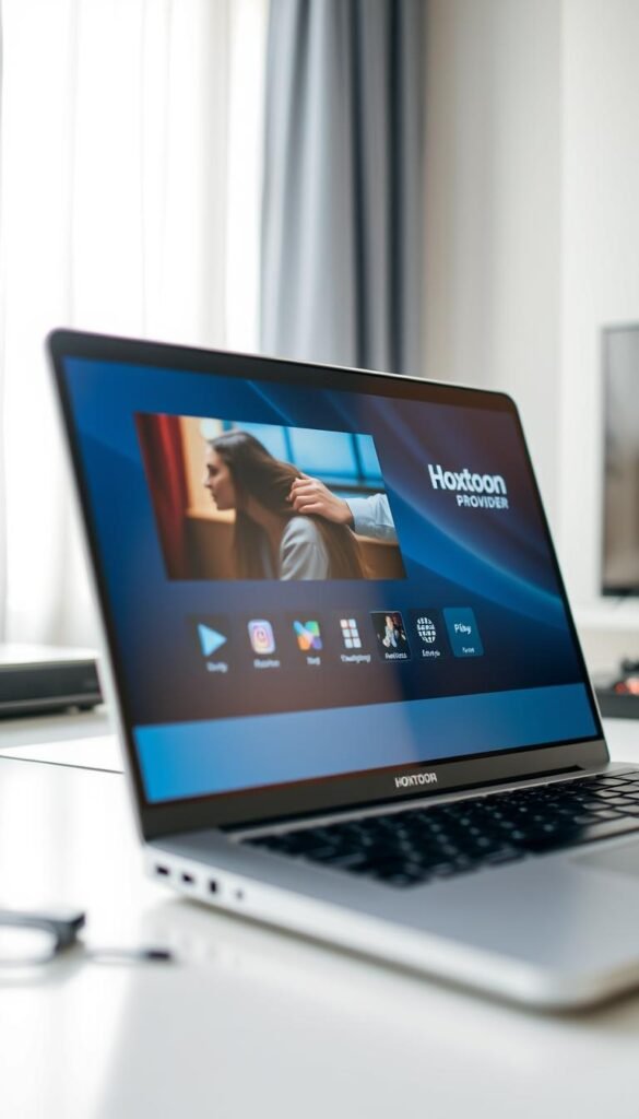 Detailed image of a laptop screen displaying a streaming media player interface with smooth, high-quality video playback. The screen shows the Hoxtoon Provider brand logo in the corner. Bright, natural lighting illuminates the scene, creating a clean and inviting atmosphere. The laptop is positioned on a minimalist desk, with a few peripheral devices visible in the background. The overall composition conveys a sense of optimization and seamless IPTV experience.