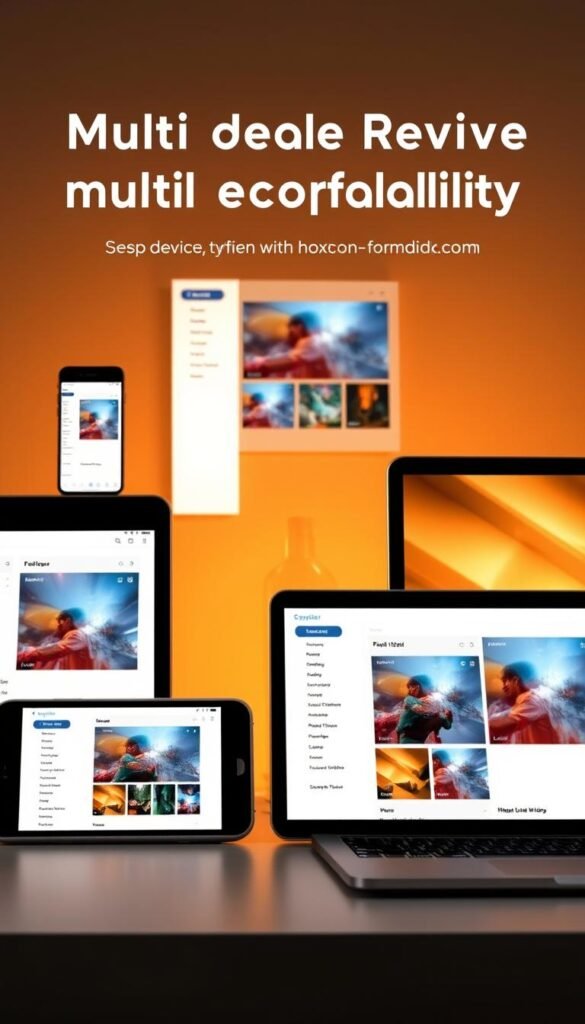 Detailed image of multi-device compatibility with Hoxtoon Provider. Sleek modern devices - smartphone, tablet, laptop, smart TV - arranged in a visually appealing composition. Warm lighting illuminates the devices, showcasing their screens displaying the Hoxtoon Provider interface. The devices are positioned at various angles, creating depth and dynamism. The background is a minimalist, elegant setting, allowing the devices to be the focal point. The overall mood is one of technological sophistication and seamless cross-platform integration.