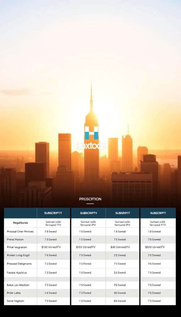 Detailed pricing plans for the Hoxtoon Provider IPTV service, showcased in a clean, modern layout. In the foreground, a sleek grid of subscription tiers with clearly labeled features and costs. In the middle ground, a hero image of the Hoxtoon logo and branding, accentuated by warm, directional lighting. The background depicts a stylized city skyline, hinting at the global reach and accessibility of the Hoxtoon IPTV platform. The overall composition conveys a sense of value, reliability, and premium quality in line with the Hoxtoon brand identity.
