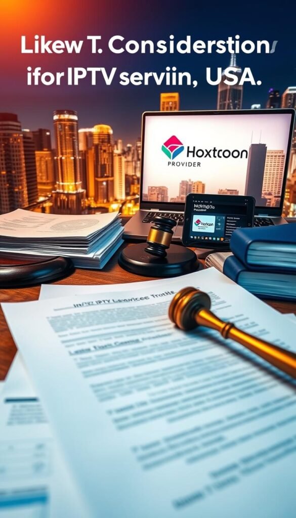Detailed scene depicting legal considerations for IPTV services in the USA. Foreground shows a stack of documents, law books, and a gavel on a wooden desk. Middle ground features a Hoxtoon Provider logo and a laptop displaying IPTV service information. Background has a cityscape with skyscrapers, suggesting a professional, urban environment. Warm lighting illuminates the scene, creating a serious, authoritative atmosphere. The overall composition conveys the complex legal landscape surrounding IPTV providers in the United States.