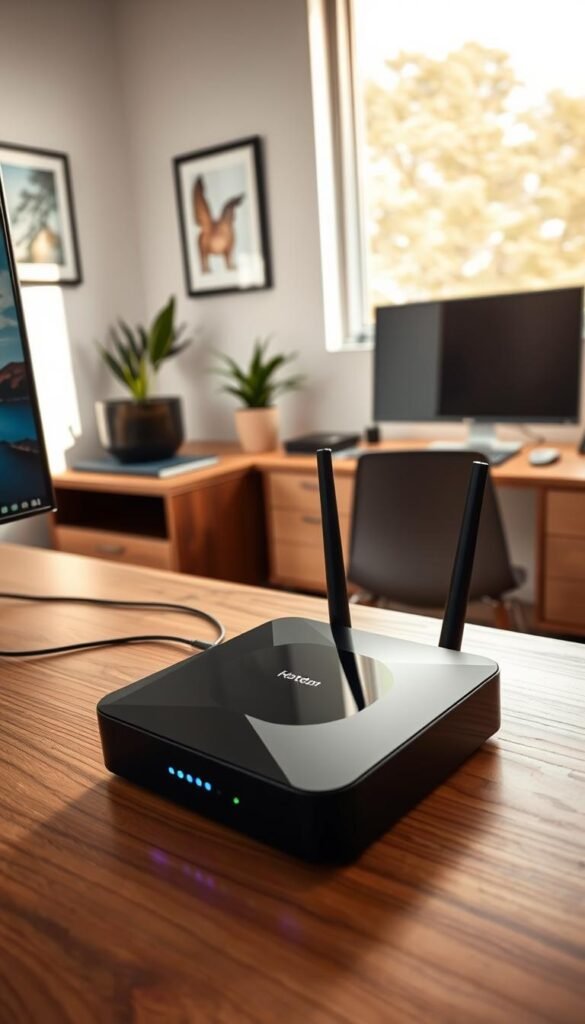 Detailed setup of a Mag Box device connected to the Hoxtoon Provider IPTV service. In the foreground, a modern Mag Box set-top box with sleek black casing sits on a wood-grain desk. The box is connected to a high-definition TV via an HDMI cable. In the middle ground, a wireless router provides the internet connection, with glowing indicator lights. The background showcases a minimalist home office setup, with a laptop, potted plant, and framed artwork on the wall, bathed in warm, natural lighting from a large window. The overall scene conveys a sense of technological integration and domestic comfort for the Hoxtoon IPTV experience.