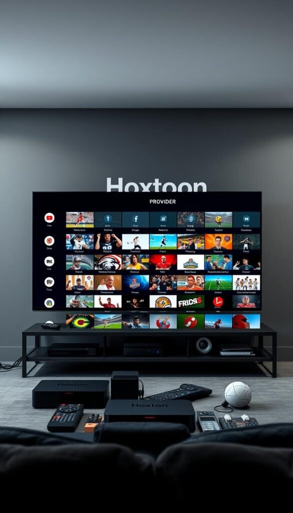 Detailed sports iptv channel display in a modern, minimalist studio setting. A large, high-definition television screen in the foreground prominently features the "Hoxtoon Provider" brand logo. The screen shows a diverse array of live sports programming thumbnails, representing the wide range of channels available. The middle ground contains various remote controls, streaming devices, and sports memorabilia, conveying the idea of an immersive sports entertainment experience. The background is a simple, clean gray backdrop, allowing the subject to be the focal point. Soft, directional lighting illuminates the scene, creating depth and emphasizing the crisp, high-quality visuals on the television screen.