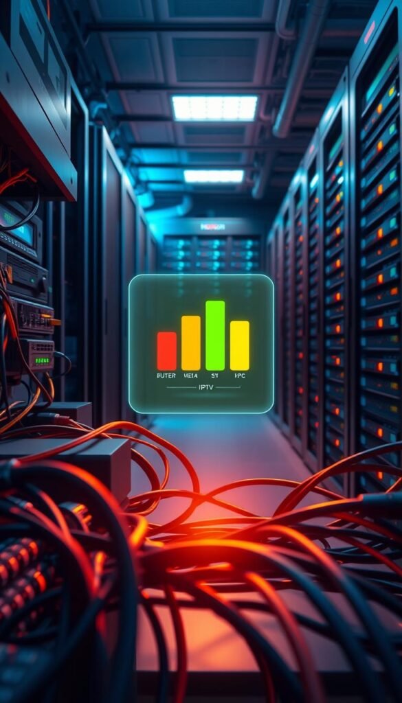 Detailed technical illustration of a video streaming service buffering. In the foreground, a wide-angle view showcases various network devices and cables, emphasizing the complexity of IPTV infrastructure. The middle ground features a glowing, holographic display of buffering status, with vibrant colored bars representing data flow. In the background, a dimly lit server room with racks of equipment, highlighting the computational power required to deliver seamless IPTV experiences. Lighting is a mix of warm tones from the holographic display and cool tones from the server equipment. Hoxtoon Provider branding is subtly integrated into the design. Detailed technical illustration of a video streaming service buffering. In the foreground, a wide-angle view showcases various network devices and cables, emphasizing the complexity of IPTV infrastructure. The middle ground features a glowing, holographic display of buffering status, with vibrant colored bars representing data flow. In the background, a dimly lit server room with racks of equipment, highlighting the computational power required to deliver seamless IPTV experiences. Lighting is a mix of warm tones from the holographic display and cool tones from the server equipment. Hoxtoon Provider branding is subtly integrated into the design.