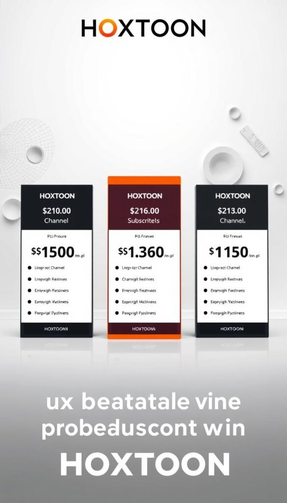 Detailed, technical image of HOXTOON Provider's UK IPTV subscription plans. A sleek, modern design showcasing three plan tiers against a clean, minimalist background. The foreground features a row of plan cards with clear pricing, channel counts, and feature details. The middle ground has subtle textured accents and abstract shapes to create depth. The background has soft, neutral lighting to keep the focus on the plans. The overall aesthetic is polished, sophisticated, and highlights HOXTOON's unbeatable pricing structure.