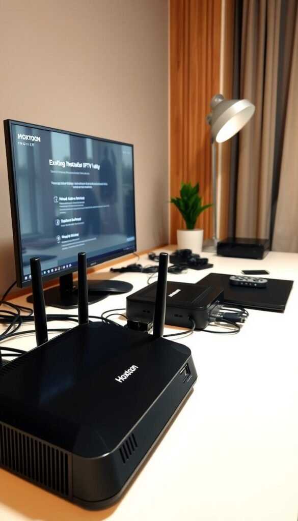 Detailed technical setup guide for Hoxtoon IPTV service. Well-lit modern home office with professional-grade router, networking devices, and streaming setup. Sleek black and silver hardware on a clean white desk. Cables neatly organized, screen displaying step-by-step Hoxtoon IPTV installation instructions. Subtle warm lighting, natural wood accents create a productive, professional atmosphere. Focus on the setup process, minimal background distractions. Hoxtoon Provider brand prominently featured on router and other equipment.