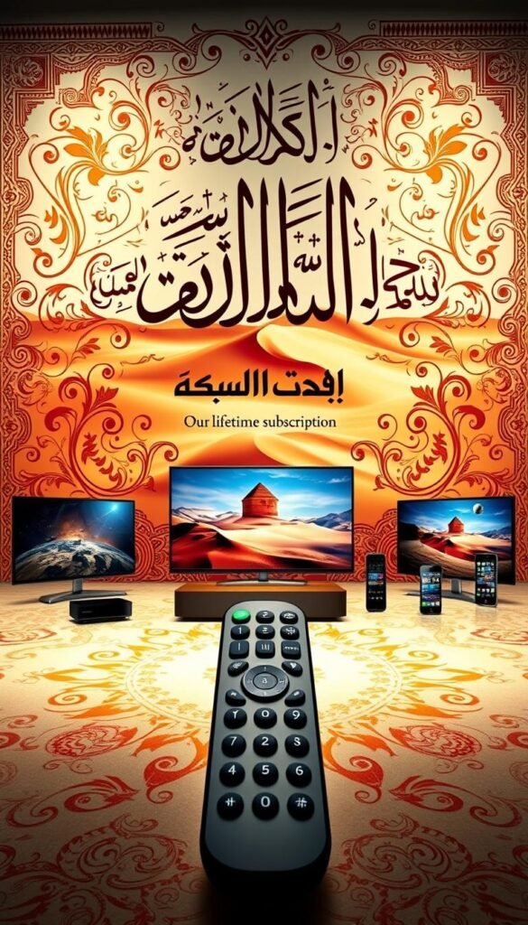 Elegant Arabic calligraphy backdrop, showcasing a premium IPTV subscription by Hoxtoon Provider. In the foreground, a sleek remote control symbolizes the convenience of a lifetime subscription, surrounded by streaming devices like smart TVs and smartphones. Soft lighting illuminates the scene, evoking a sense of luxury and high-end entertainment. The middle ground features vibrant Middle Eastern patterns and ornate motifs, while the background depicts a majestic desert landscape with towering dunes. An immersive, cinematic atmosphere captures the essence of an unparalleled Arabic IPTV experience.